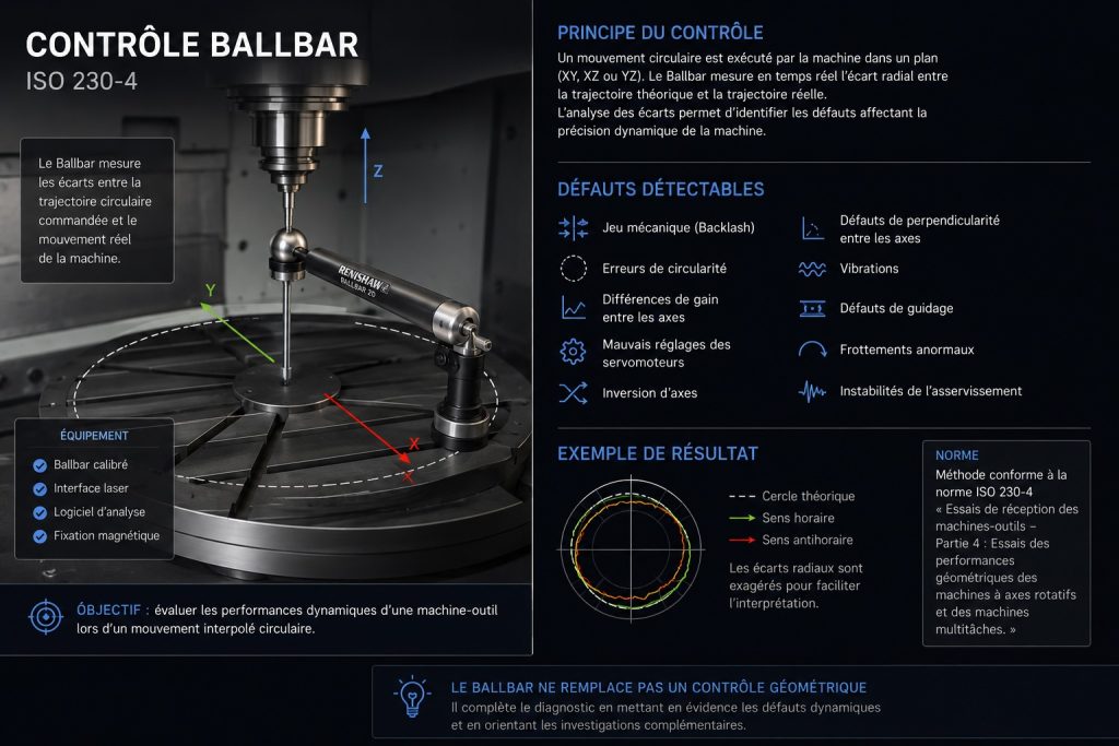 Infographie du contrôle Ballbar selon la norme ISO 230-4 montrant le principe de mesure des performances dynamiques d’une machine-outil CNC, les défauts détectables (backlash, circularité, perpendicularité, vibrations, guidages) et un exemple de résultat d’analyse.