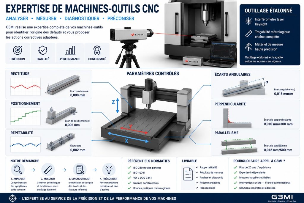 Expertise de machines-outils CNC réalisée par G3MI : contrôle géométrique, rectitude, écarts angulaires, positionnement, répétabilité, perpendicularité, parallélisme et mesures avec un interféromètre laser et un outillage étalonné selon les normes ISO.